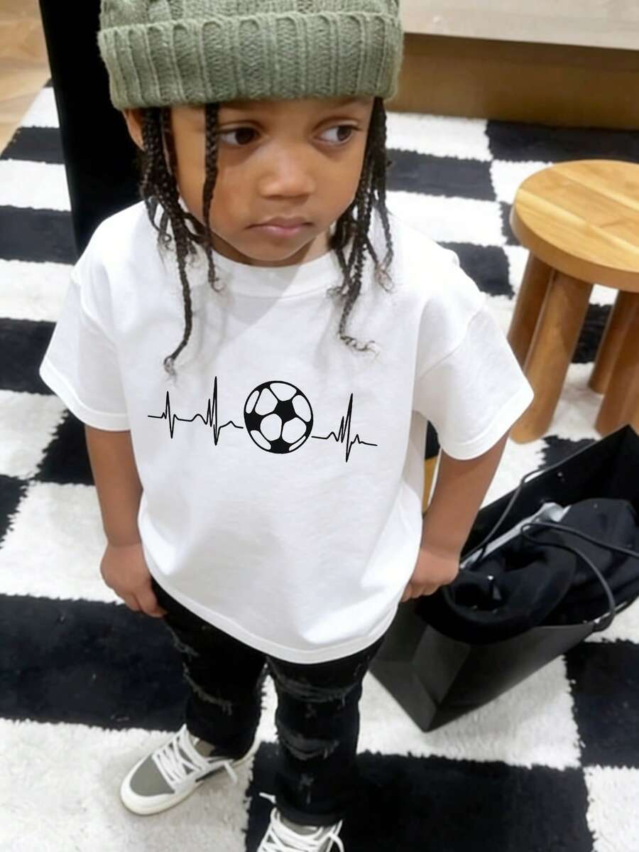 1件装幼儿男童创意卡通图案字母标语印花基础款圆领短袖T恤，休闲时尚男童服装 - 白色 - 查看 1