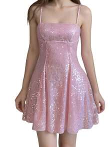Women Sleeveless Spaghetti Strap Dress Shiny Sequin Mini A Line Dress For Cocktail Party Streetwear - 粉色 - 查看 4