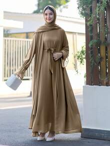2pcs/Set Chiffon Abaya With Tie Waist Belt And Ruffle/Frill Trim - Khaki - View 3