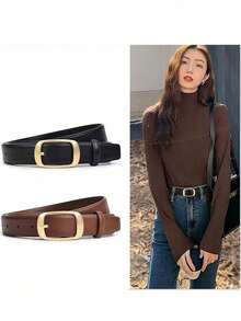 1pc Women's Metal Small Square Buckle PU Leather Belt,Simple & Fashionable, Suitable For Jeans, Trousers, Coats, Dresses, Etc. Summer, School Fall, Autumn, Halloween - 咖啡 - 查看 2