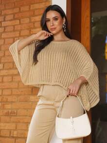 Women's Batwing Knit Cape, Stylish Fashion Poncho, Spring/Winter Knit - Beige - View 7
