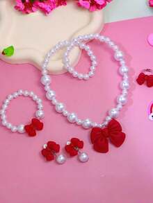 5pcs/Set Girls' Cute Bow Pearl Jewelry Set, Including Necklace, Bracelet, Earrings And Ring, Elegant Princess Style Gift