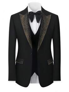 3 Pcs  Men's Crystal Embellished Peak Lapel Single Button Luxury Tuxedo - Groom Groomsmen Prom Banquet Host Slim Fit Formal Wear - 黑色 - 查看 2