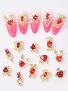 6颗3D红色镀金合金心形美甲水钻，水晶心形美甲宝石，情人节美甲饰品 - 紅色 - 查看 8