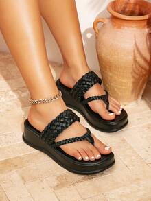 Woven Platform Slide Sandals For Women, New Summer Thick Sole Flip Flops Beach Slippers - Black - View 1