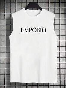 男士时尚简约英文图案休闲日常圆领背心 - 白色 - 查看 2