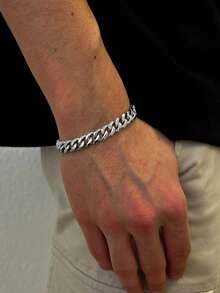 1pc 18K Gold Plated Stainless Steel 8.5mm Wide Punk Curb Chain Bracelet, Suitable For Men's Daily Wear And Party Attire