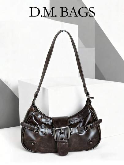 Y2K Vintage Soft Distressed Leather Motorcycle Bag With Rivets, Buckle Decor, Pleated Cloud Design Shoulder/Underarm Bag, Suitable For Work, Commute, Date, Party