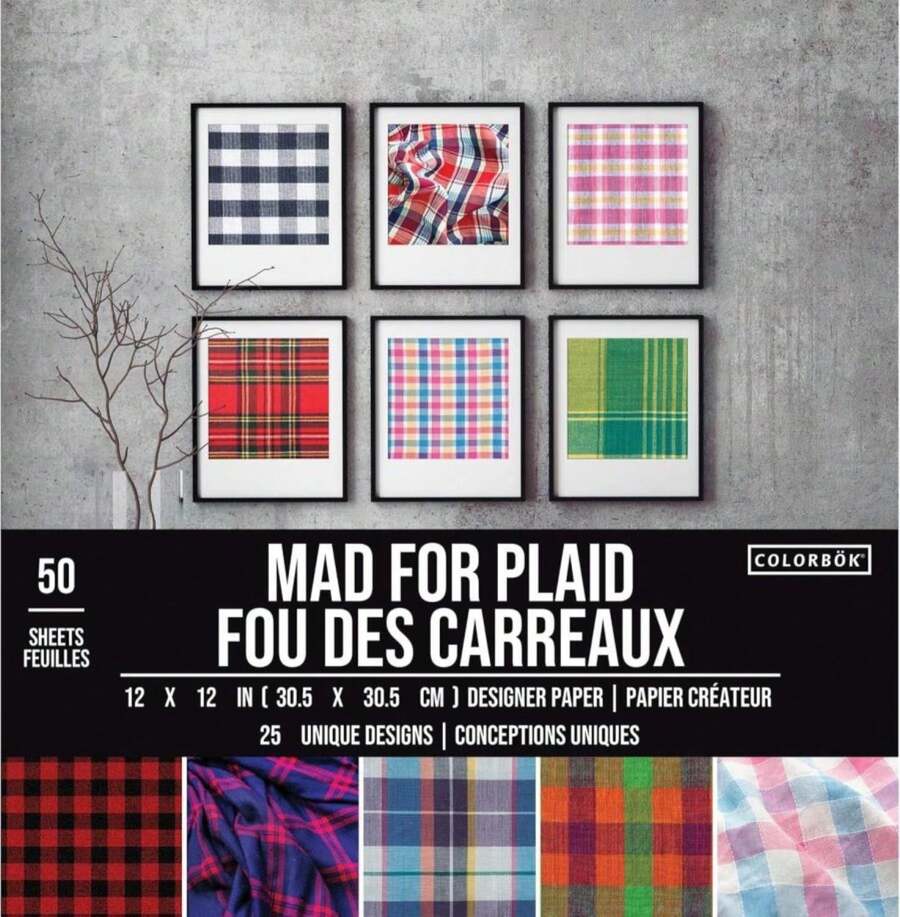 Colorbok Patterned Cardstock Paper 12x12, 50 Sheets Of Square Scrapbook Paper For Crafts And Card Making, Single Sided, Bulk Pack With 25 Unique Designs, Mad For Plaid - ColorF - 查看 1