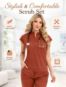 2 piezas Conjunto de uniforme de scrubs de unicolor con top de cuello en V de manga corta y pantalones con bolsillos - Naranja Coral - Ver 8