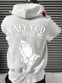 Men's Christian Faith Hooded Sweatshirt With Only God Can Judge Me Printed On The Back And Prayer Hand Design-Hoodie With OF A LOVING GOD Print-Unisex - 灰色 - 查看 2