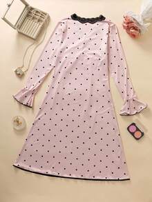 1 chiếc váy midi dài tay họa tiết chấm bi cổ chữ V viền ren thanh lịch dành cho nữ, mùa xuân/thu - Rượu sâm banh - Xem 9