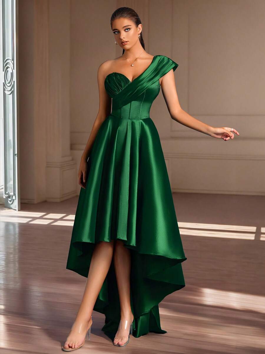 VIPGIRL 祖母绿单肩缎面高低摆鸡尾酒礼服，优雅伴娘晚礼服，正式婚礼宾客礼服，伴娘鸡尾酒礼服，女士正式礼服 - 綠色 - 查看 1
