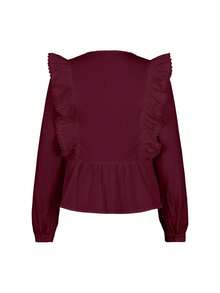 ii Plus Size Casual Solid Color Lace Patchwork Ruffle Trim Long Sleeve Top Spring - Burgundy - View 5