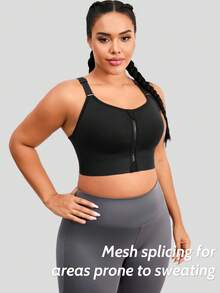 1pc Plus Size Women Sports Bra, Front Zipper Closure, Lift & Support, Casual Wear - Black - View 3