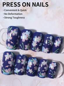 24片装中国风花卉亚克力短款美甲贴片套装，包含：1片果冻胶和1把指甲锉。花卉美甲和夏季美甲设计，让您的指尖闪耀动人，适合女性和女孩日常工作和派对佩戴。美甲用品 - 彩色 - 查看 4