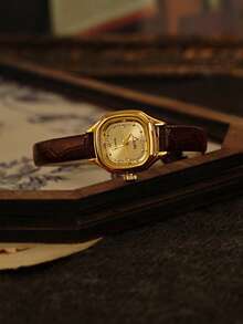 1 PC New Ultra-Thin French Retro Women's Watch With Gold Dial & Soft Brown Leather Strap - Petite, Water-Resistant, Minimalist Elegance For Daily, Party, Vacation Wear And Gift Giving