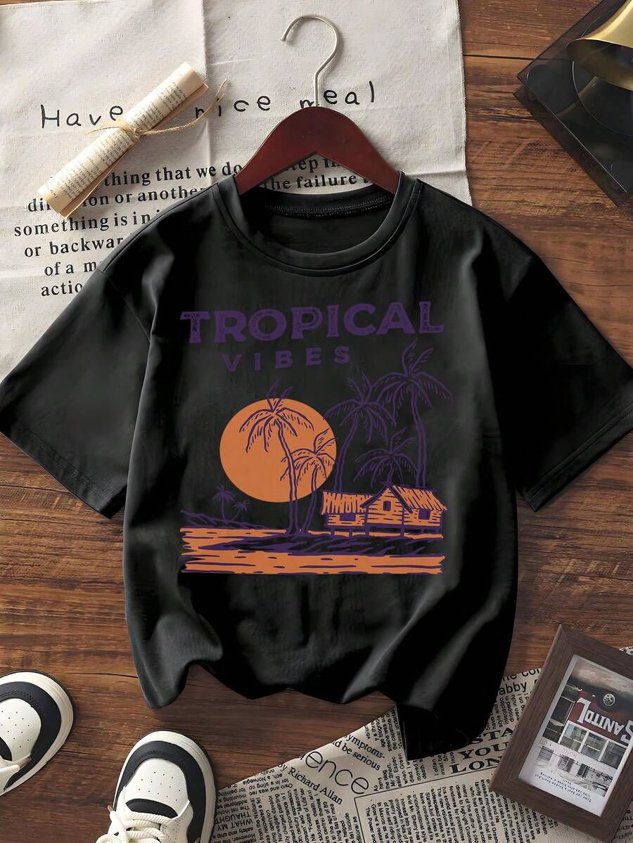 Women's Tropical Vibes Graphic Print Short Sleeve T-Shirt, Casual Crew Neck Summer Tee With Palm Tree Sunset Beach House Pattern, Loose Fit Vintage Inspired Vacation Top - 白色 - 查看 1