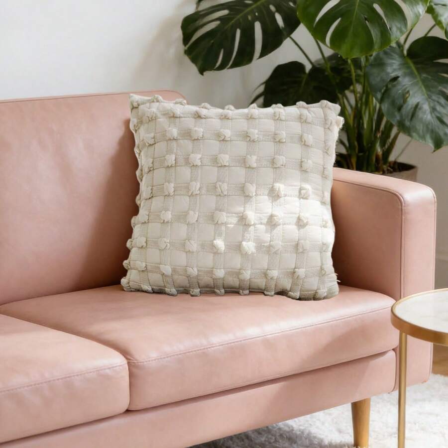 1pc European Style Pillow Cover Decoration Farmhouse Cushion Cover Bohemian Style, Square Cushion Cover Three-Dimensional Grid Decoration, Suitable For Living Room Sofa Bed Bedroom Car, Home Decoration - Beige - View 1