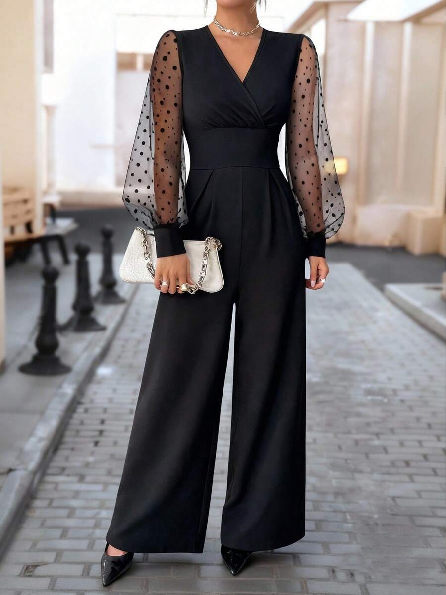Elegant Black V-Neck Long Sleeve Straight Leg Sheer Mesh Panel Jumpsuit, Rivet Accents, Machine Washable For Sophisticated Style