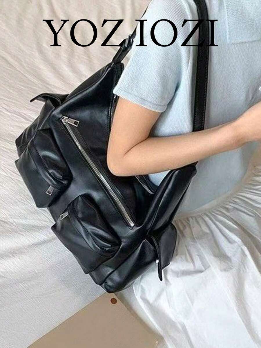 小众设计简约时尚女士腋下包，复古机车软皮口袋包，通勤、外出、日常购物，单肩/斜挎手提包 - 黑色 - 查看 1