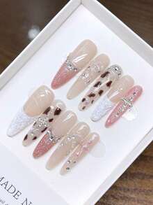 纯手工制作的长椭圆形美甲，手绘豹纹法式亮片镶嵌钻石，-品质简约设计美甲，全覆盖假指甲，Y2K风格美甲，浮雕美甲，独特小众创意假指甲，日常美甲，可爱现代风格美甲，适合秋冬季节佩戴，可拆卸佩戴，可重复使用，适合女性和女孩在派对和晚宴上佩戴。 - 彩色 - 查看 11