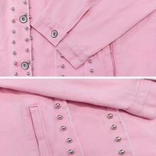 Women'S Plus Size Denim Jacket - Washed Pink Denim, Rivet Inlays On Faux Pockets, Fashionable Street Casual Style, Suitable For Daily Wear, Durable, Spring & Autumn Wear - Pink Color - View 4