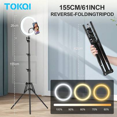 TOKQI Adjustable Large Size Mobile Photography Accessory 155cm/61.02in LED Light 26cm/10in Rotating Ring Light With Flexible Phone Holder 3 Color Temperatures 10 Brightness Levels Extendable Tripod Suitable For Live Streaming Photography Video Recording Makeup Selfie Compatible With Smartphones Women's Day Gift Birthday Anniversary Celebration
