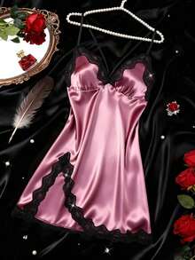 Women's Nightgown, Mature Floral Print Satin Lace Trim Sleepwear Dress, Criss-Open Back Spaghetti Strap Slip Dress, Comfortable Robe - Purple - View 12