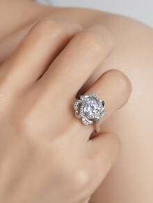 1 Carat Moissanite 925 Sterling Silver Jewelry Set - 1 Carat Moissanite Ring, 1 Carat Moissanite Pendant Necklace, 1 Carat Moissanite Earrings, 1 Carat Moissanite Flower 3 PiecesJewelry Set, Valentine's Day Gift - Silver - View 4