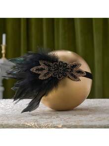 1920s Vintage Feather Headband, 1920s Flapper Sequin Headpiece, Women's Party Hair Accessories, Sweatband Headband, Autumn/Winter Holiday Headband, Women's Elegant Scarf, Women's Headscarf, Soft Headband, Wedding Accessories Party Hair Band Wedding Head Scarf - Black - View 3