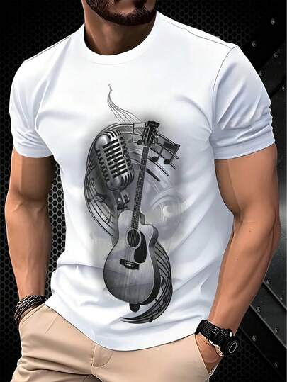 男士白色T恤，印有吉他和麦克风图案 - 轻便耐穿，适合音乐爱好者 - 适合酒吧、录音室、休闲穿着和日常活动 - 舒适款式，四季皆宜，音乐主题T恤