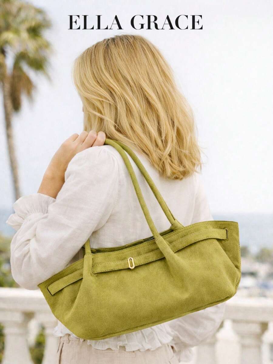 ELLA GRACE - 仿麂皮单肩包，复古船型设计，Y2K极简主义手提包，优雅独特的腋下钱包 - 綠色 - 查看 1