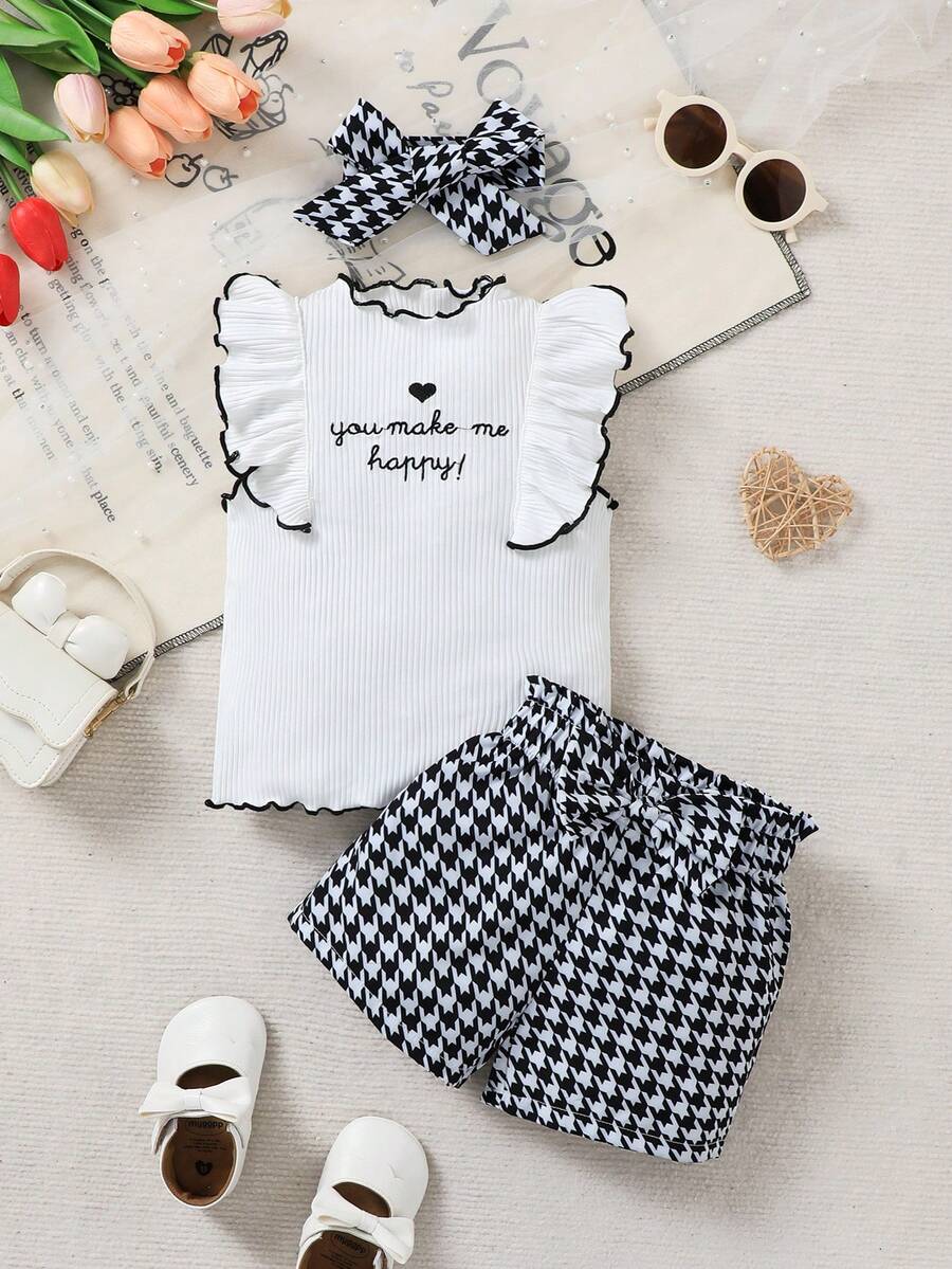 2pcs Baby Girls Casual Cute Fashion Letter Heart Embroidered Ruffle Trim Flare Sleeve Top And Plaid Shorts With Headband Set, Spring/Summer - Black and White - View 1