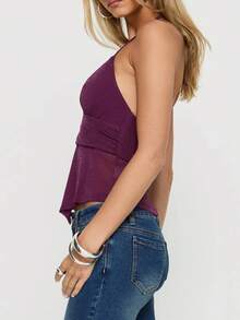 Women's Solid Color Versatile Halter Top, Women's Everyday Commuter Backless Halter Top With A Slim Fit And Irregular Hem. - Red Violet - View 4