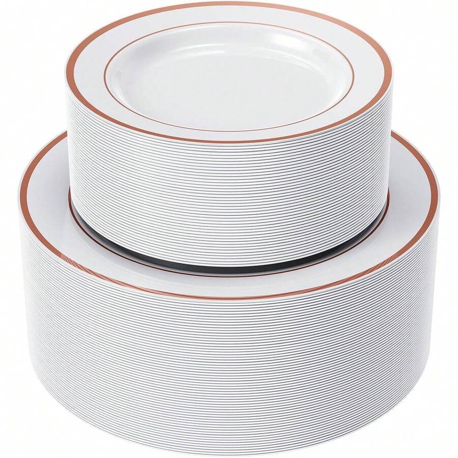 50/25/20/10/1pc Set White Base Rose Gold Rim Plates, Including 10.25" Large Plates And 7.5" Small Plates, Ideal For Family Gatherings, Birthday Parties, Outdoor Events, Holiday Parties, Weddings, Suitable For Multiple Occasions - White Background - View 1