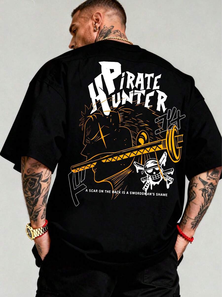 Fashionable Men's T-Shirt With Anime Print, Comfortable Short-Sleeved Shirt Made Of Pure Cotton, Casual Sportswear, Summer Clothing, Stylish Streetwear T-Shirt, Suitable For Everyday Wear And Outdoor Sports, Machine Washable. - Black - View 1