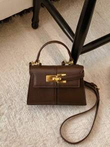 Moderne Mode Damen Handtasche mit dekorativem Schultergurt, minimalistischer goldener Metalldekor Umhängetasche, neue Herbst/Winter Kaffeefarbe, verstellbarer & abnehmbarer Riemen Umhängetasche, geeignet für College-Studenten Alltagseinkäufe - Kaffeebraun - Übersicht 7