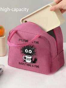 Thermal Bag, "It'S Fine I'm Fine Everything Is Fine" Graphic Print With Coffee Cup & Design ,Women'S Funny Coffee Lover ,With A Black Cutlery Storage Bag, A Double Pocket Lunch Box Bag, Large Capacity, Student Meal Insulated Refrigerated Bag - Multicolor - View 5