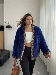 Women's Luxury Royal Blue Faux Fur Jacket Elegant Leopard Print Lining Fluffy Fuzzy Coat, Thick Warm Winter Outerwear For Carnaval Party Night Out Streetwear Chic Mob Wife Aesthetic Old Money Bontjas Fashion Panterprint - Royal Blue - View 6