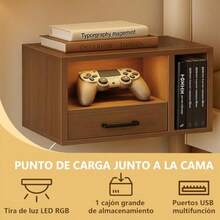 Owii Juego de 2 Mesitas de Noche Flotantes con  Mesilla de Pared con Cajon y Estacion de Carga Buro para Recamara con Estante Abierto Mueble Auxiliar  para Dormitorio Marron - Marrón - Ver 6
