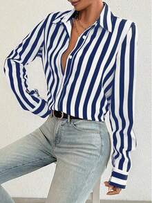 Contrast Color Block Striped Button Front Women Shirt, Loose Striped Blouse For Women Slimming Vintage Niche Versatile Top, Suitable For Daily Life And Valentine's Day - 藍色 - 查看 4