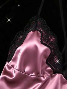 Women's Nightgown, Mature Floral Print Satin Lace Trim Sleepwear Dress, Criss-Open Back Spaghetti Strap Slip Dress, Comfortable Robe - Purple - View 5