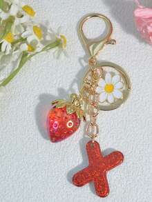 1 pezzo Portachiavi a forma di lettera con fragola rossa, ciondolo floreale carino, portachiavi minimalista per borsa, regalo per donne - Rosso - Visualizzare 20