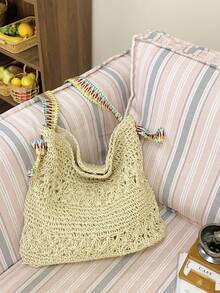 Women's Shoulder Bag, Crocheted Straw Woven Beach Style - Beige - View 6