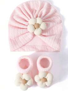 1pc Children Wheat Ear & Floral Pattern Socks Combo, Baby Beanie - 2pcs - View 4