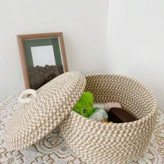 Cesta de almacenamiento tejida estilo bohemio con tapa, organizador de escritorio para decoración navideña, adecuado para sala de estar, dormitorio, estudio, mesita de noche, para almacenar control remoto, cosméticos, llaves, papelería y varios artículos pequeños