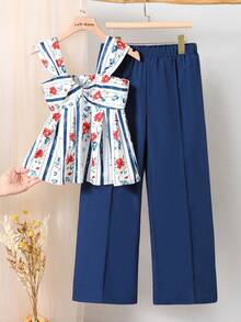 Left Mama Girls Striped Sleeveless Top And Straight Leg Pants Set, Sweet Beach Vacation Outfit, Summer - Navy Blue - View 1