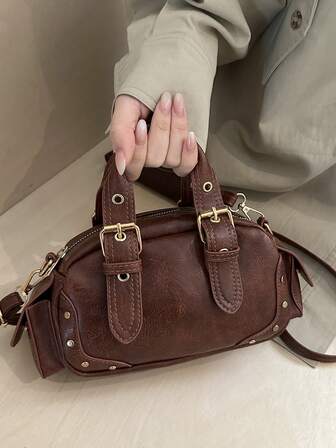 1pc Vintage Rivet Motorcycle Handbag, Crossbody Shoulder Bag, High-Quality Minimalist Design, Versatile, Korean Fashion, Autumn New Arrival, Chic Casual Tote Bag For Women