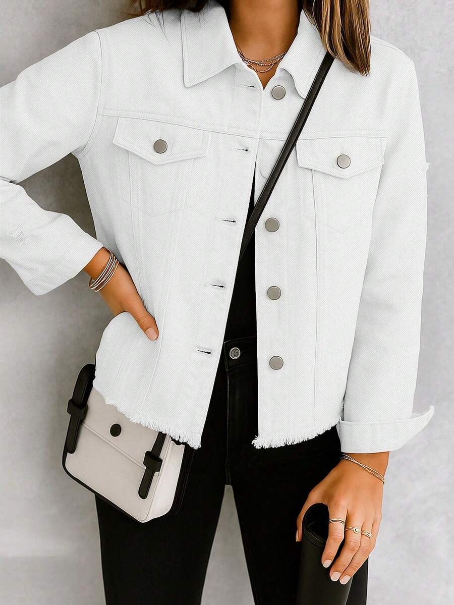 Distressed Washed Solid Color Front Button Casual Long Sleeve Denim Jacket Spring White - White - View 1